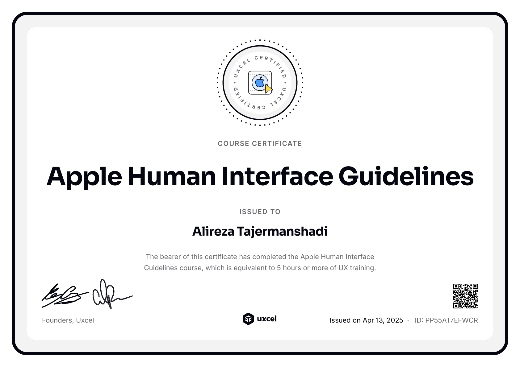 Alireza Tajermanshadi's certificate